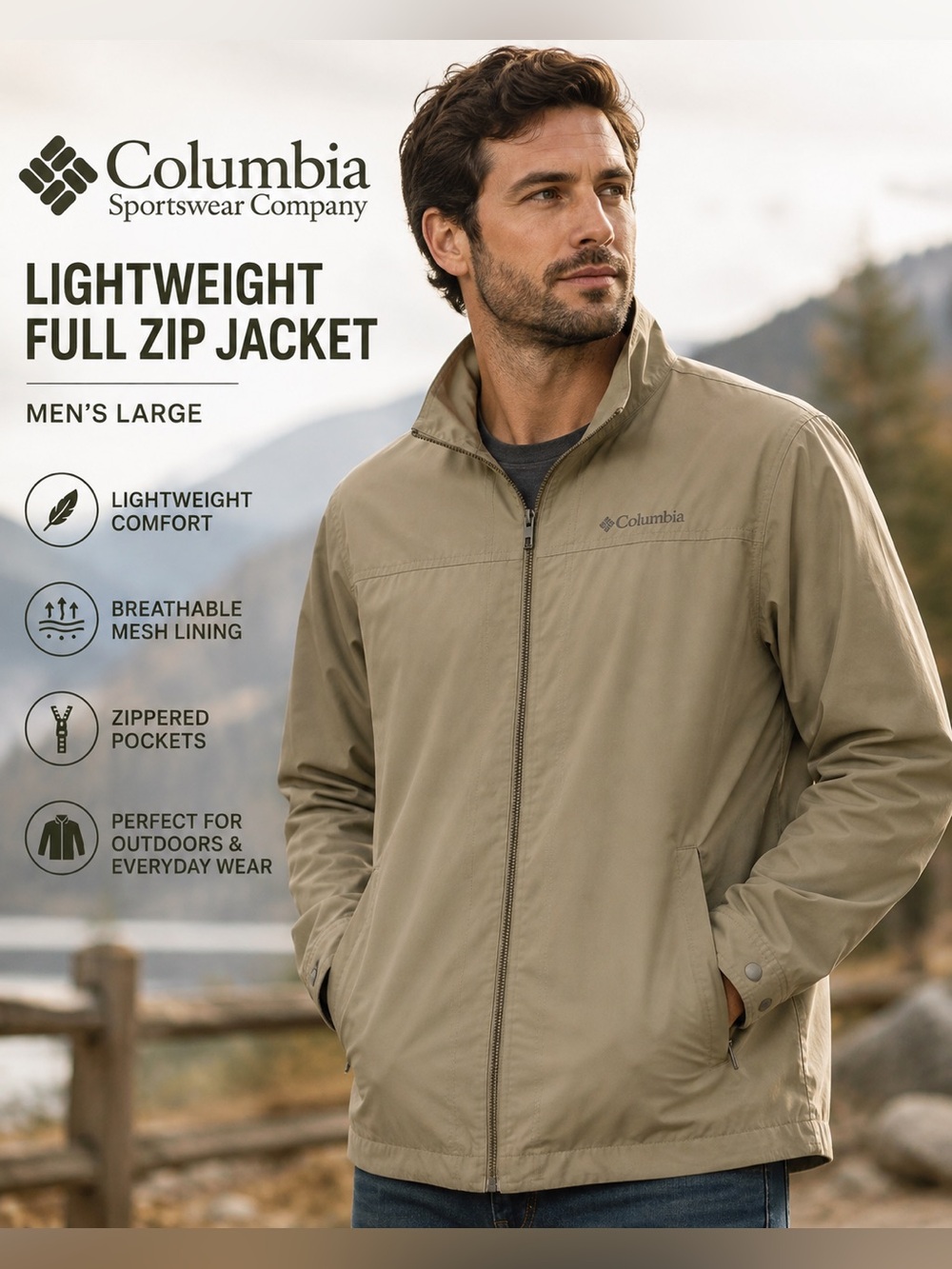 Columbia Sportswear Men’s Large Khaki Tan Lightweight Full Zip Jacket